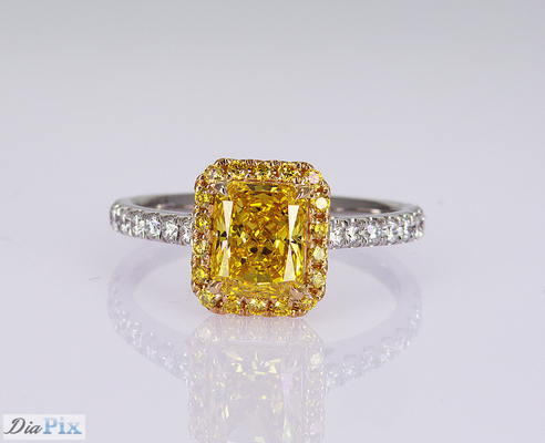 1.1ct Radiant Shape Fancy Vivid Yellow Laboratory Stworzony Pierścień Diamentowy 18K Gold Set
